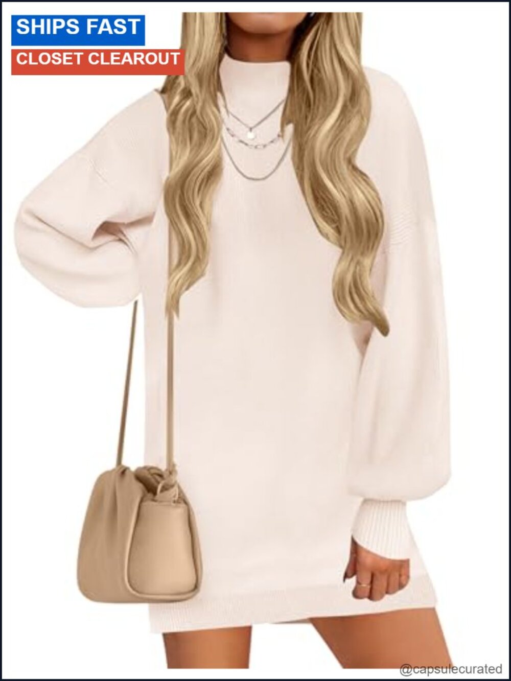 Mock Neck Mini Sweater Dress Long Sleeve Knit Pullover Loose Fit